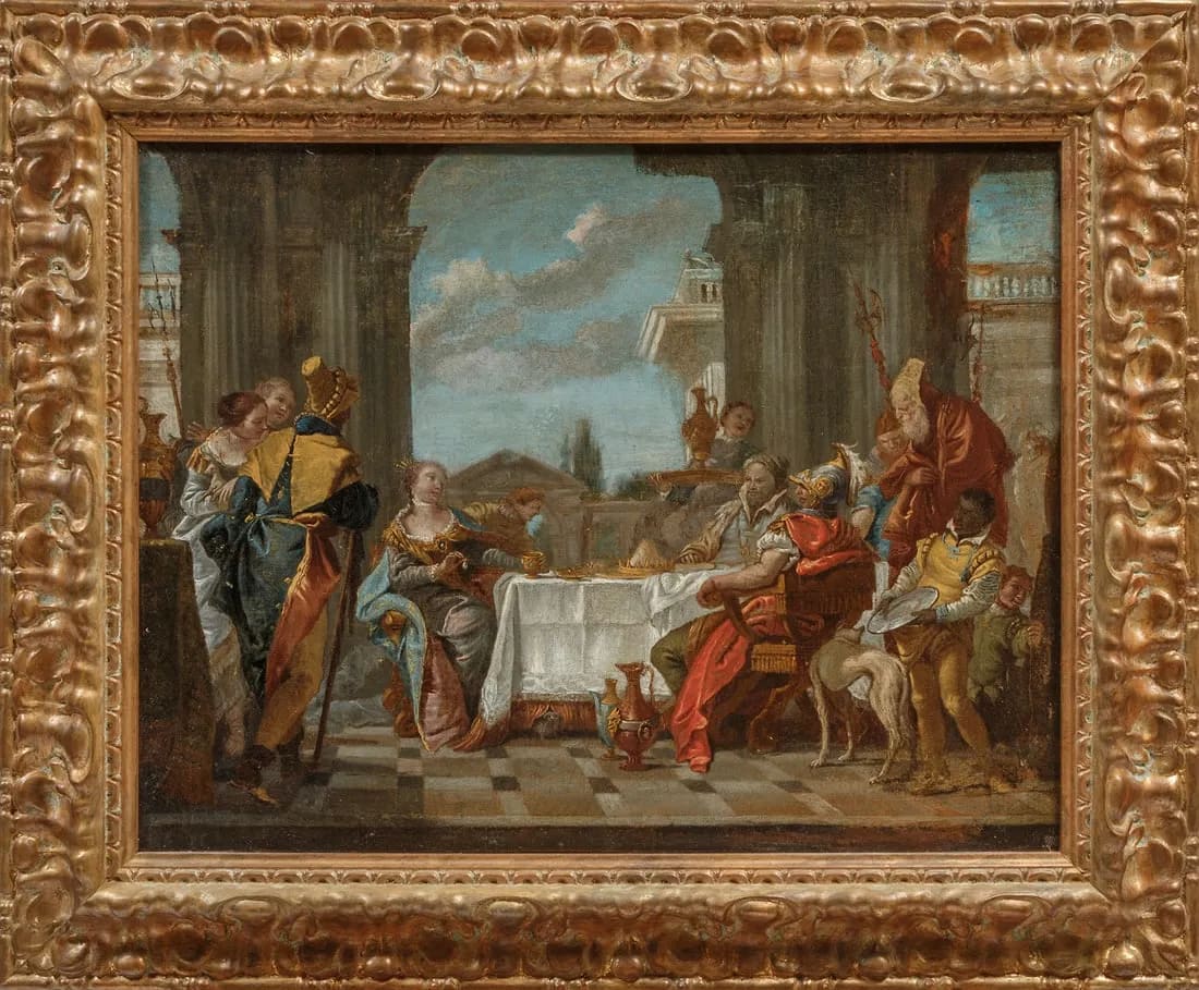 "The Banquet of Cleopatra" by Giovanni Tiepola  Image: Circle of Giovanni Battista Tiepolo (Italian, 1696-1770), "The Banquet of Cleopatra", oil on canvas, unsigned, "Christie's" label on stretcher, 20 in. x 25 2/3 in., framed, overall 27 3/4 in. x 33 1/2 in. x 2 1/2 in.  Provenance: Collection of Dr. Bruce Wilson, Memphis, TN.