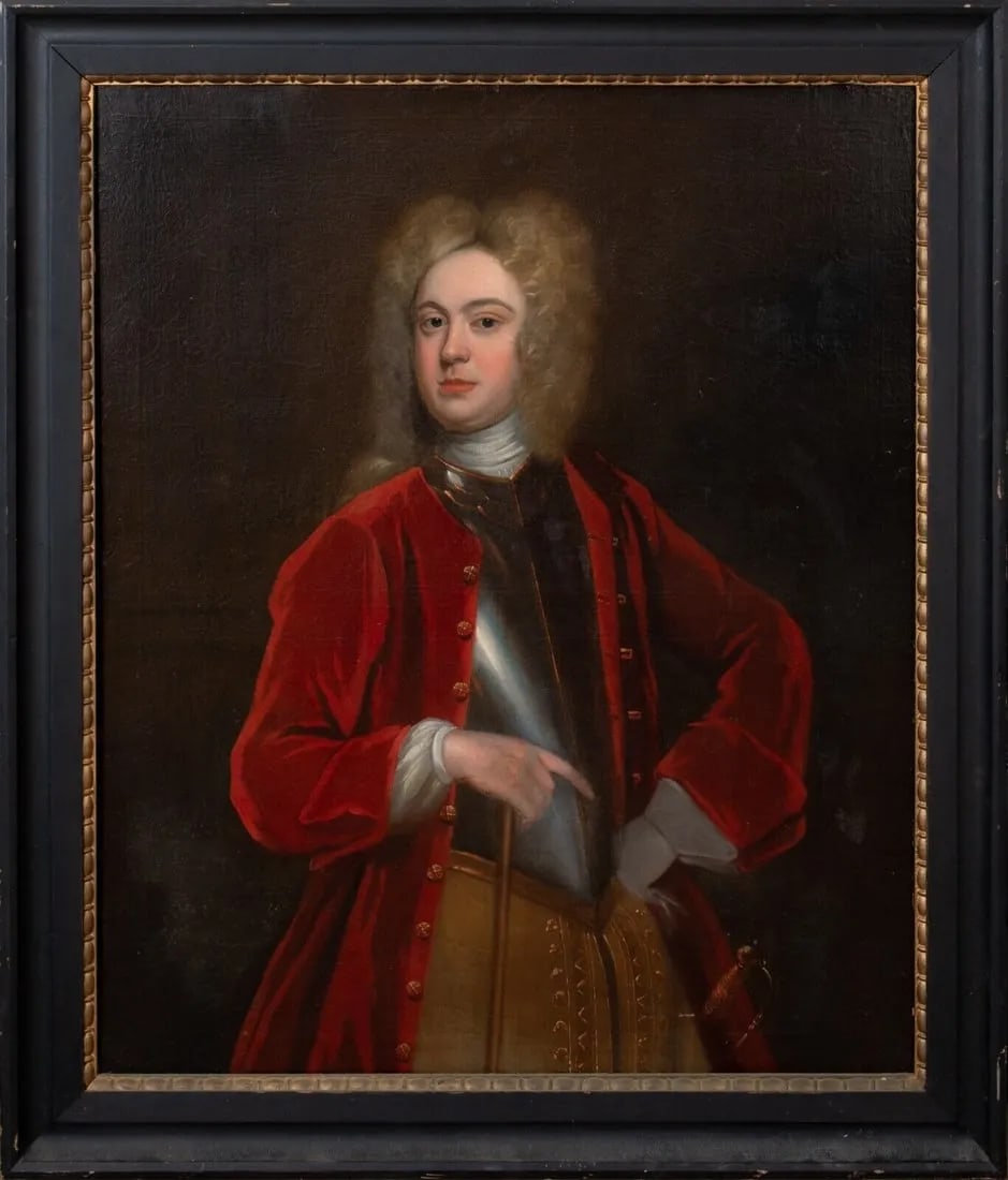 “Robert Walpole as Secretary of War” by Sir Godfrey Kneller  Image: Large oil on canvas portrait of Robert Walpole as Secretary of War, dated to around 1708, from the Sir Godfrey Kneller workshop. Stunning three-quarter length image of the illustrious statesman who served as de facto prime minister and held the positions of secretary of war, chancellor of the exchequer, leader of the house of commons, and Chancellor of the Exchequer. Walpole is depicted with the scarlet jacket and ornamental breastplate typical of the Secretary of War office, which he held until 1710. Verso of frame has an identification plaque. 52" x 44" framed