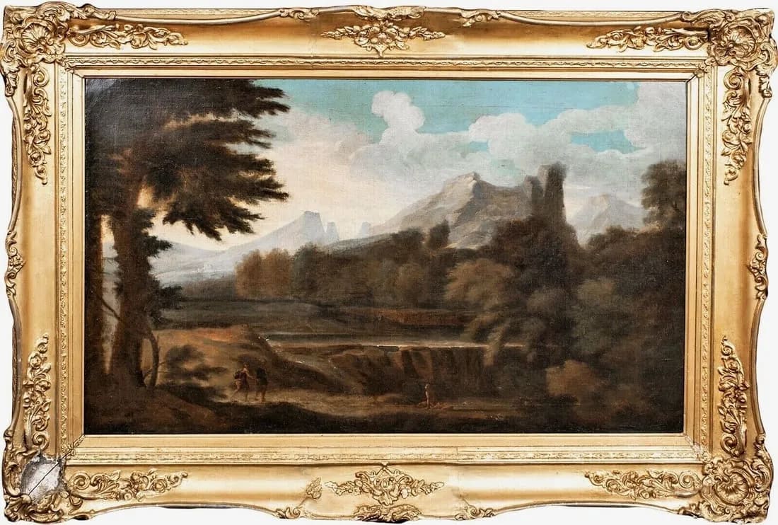 “Lowlands Trails” by Italian School  Image: Oil on canvas of a classical Italian landscape with figures from the 17th century. Extensive view of a figure on a path, forest and mountains beyond.