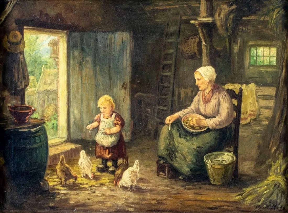 “Mother and Child Feeding Chickens” by Bernard Johan De Hoog  Image: Mother and Child Feeding Chickens  1897 Bernard Johan De Hoog (Netherlands, Belgium