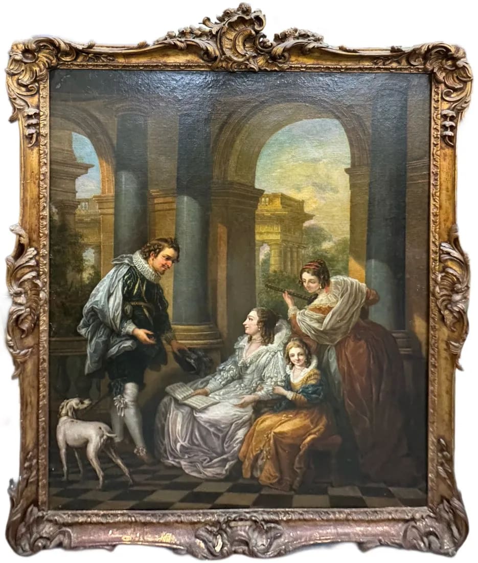 Charles-André van Loo (French, 1705-1765) Huge Early Dutch Italianate ‘Oil Painting Of the Court” "The Spanish Concert" by Charles-Andre’ van Loo  Image: Court Scene Women Music Lace Collar Palladian Vista with Rococo Manner Frame