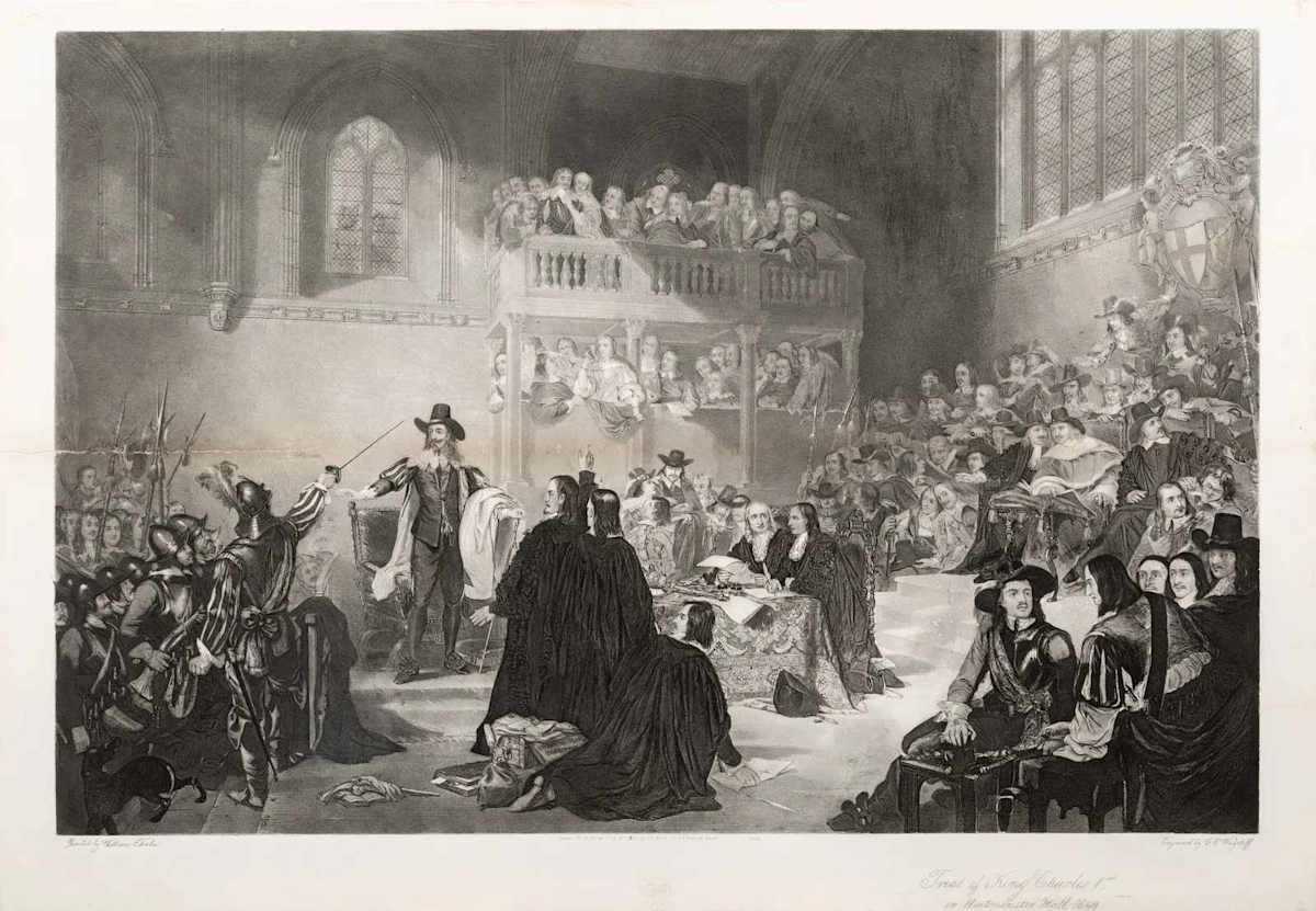 "Trial of King Charles 1st, in Westminster Hall 1649", by William Henry Fisk (British, 1796-1872), Charles Edward Wagstaff (British, 1808-1850) Engraver 