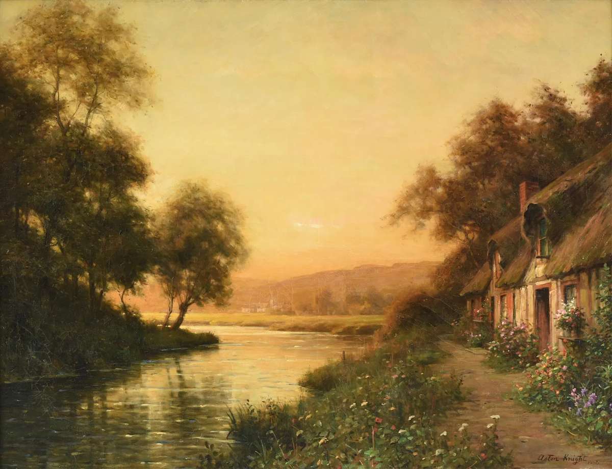 "A Cottage by the River at Sunset," by LOUIS ASTON KNIGHT (American 1873-1948), Image 4.