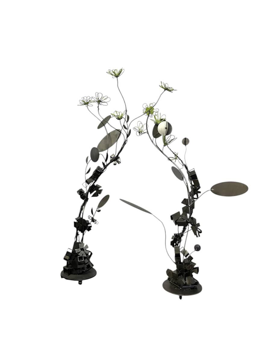Entwined  x+y by Vivien  Collens  Image: pair of   tall flowering plants from Greenhouse series, currently entwined,   shown on  rolling plant trolleys so they can be moved easily into other positions.  