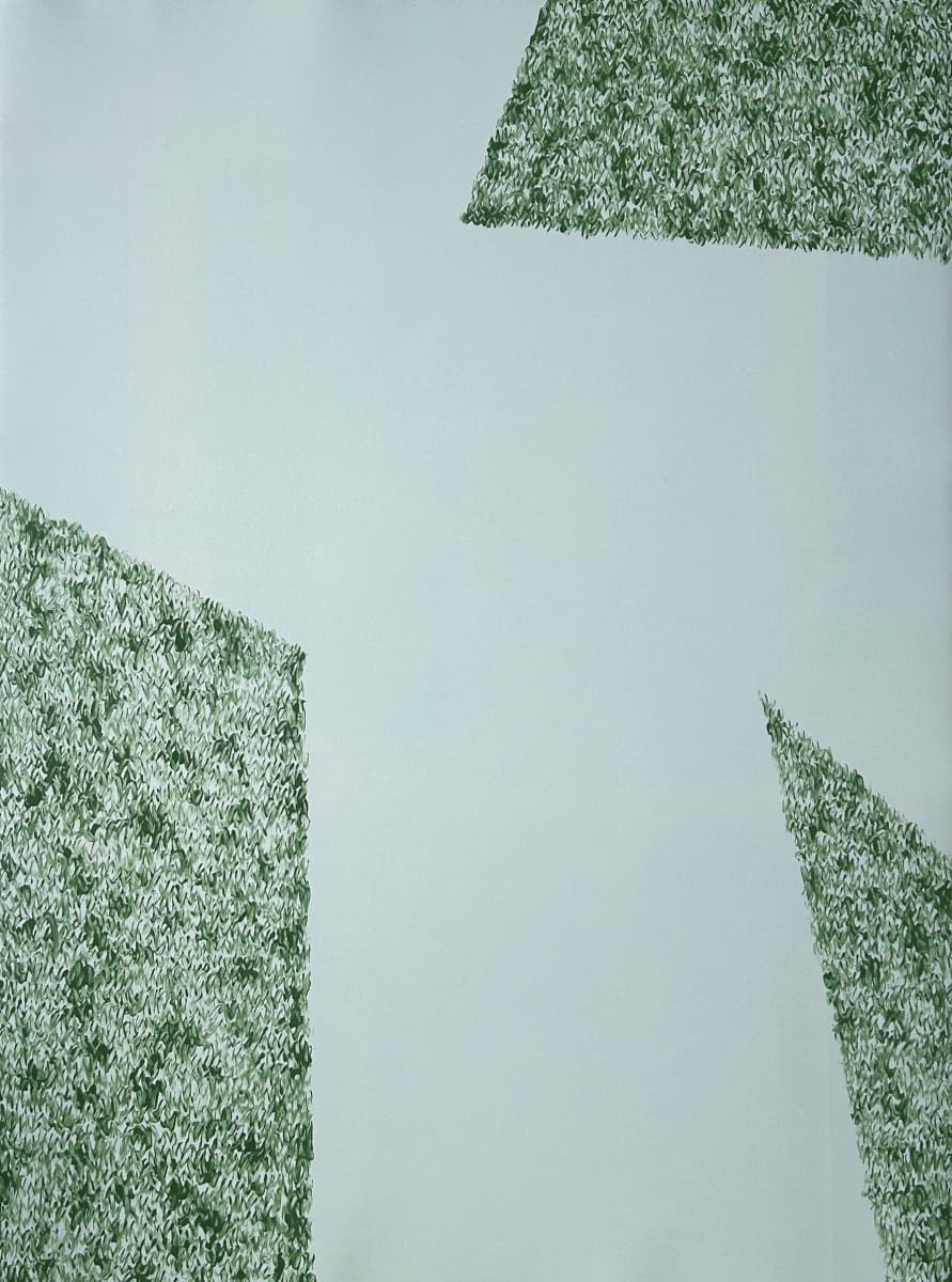 Triangles 11 by Drue Leahy  Image: Printmaking paper toned with light blue ink. Three triangles coming out of the bottom and top right corners filled with green zig zag lines.
