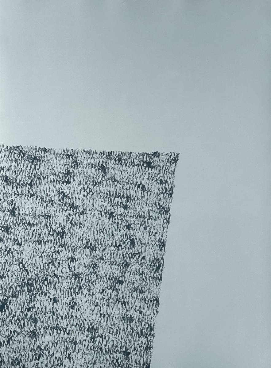 Triangles 15 by Drue Leahy  Image: White printmaking paper. The bottom left to part of the paper is filled with grey ink in zigzag lines.