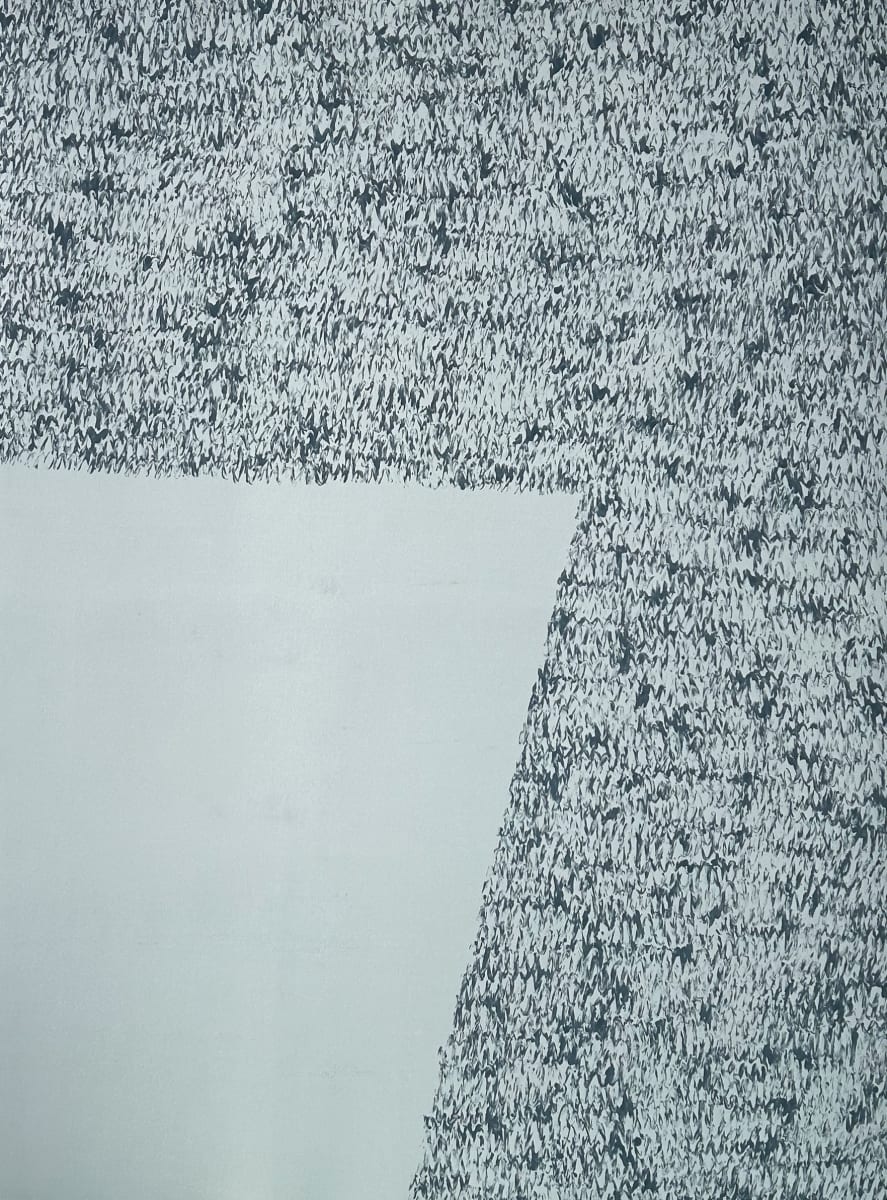 Triangles 16 by Drue Leahy  Image: Printmaking paper filled with grey ink in zigzag lines taking up almost the whole paper. The bottom left to part of the paper is left white with a point in the middle.