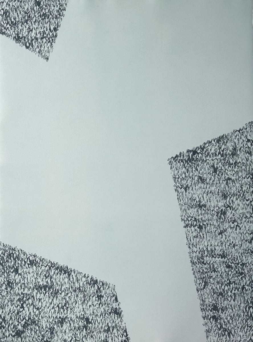 Triangles 8 by Drue Leahy  Image: Printmaking paper toned with light blue ink. Three triangles coming out of the bottom and top left corners filled with grey zig zag lines.