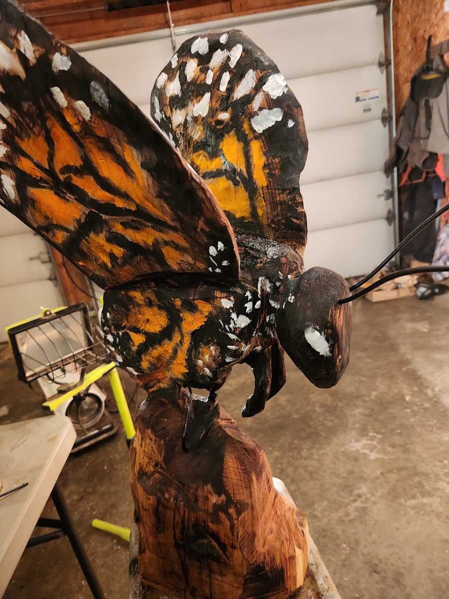Monarch 1 by David Champion -Champsaw Art  Image: Power-carved butterfly: Red oak, heavy gauge wire, oil, acrylic.