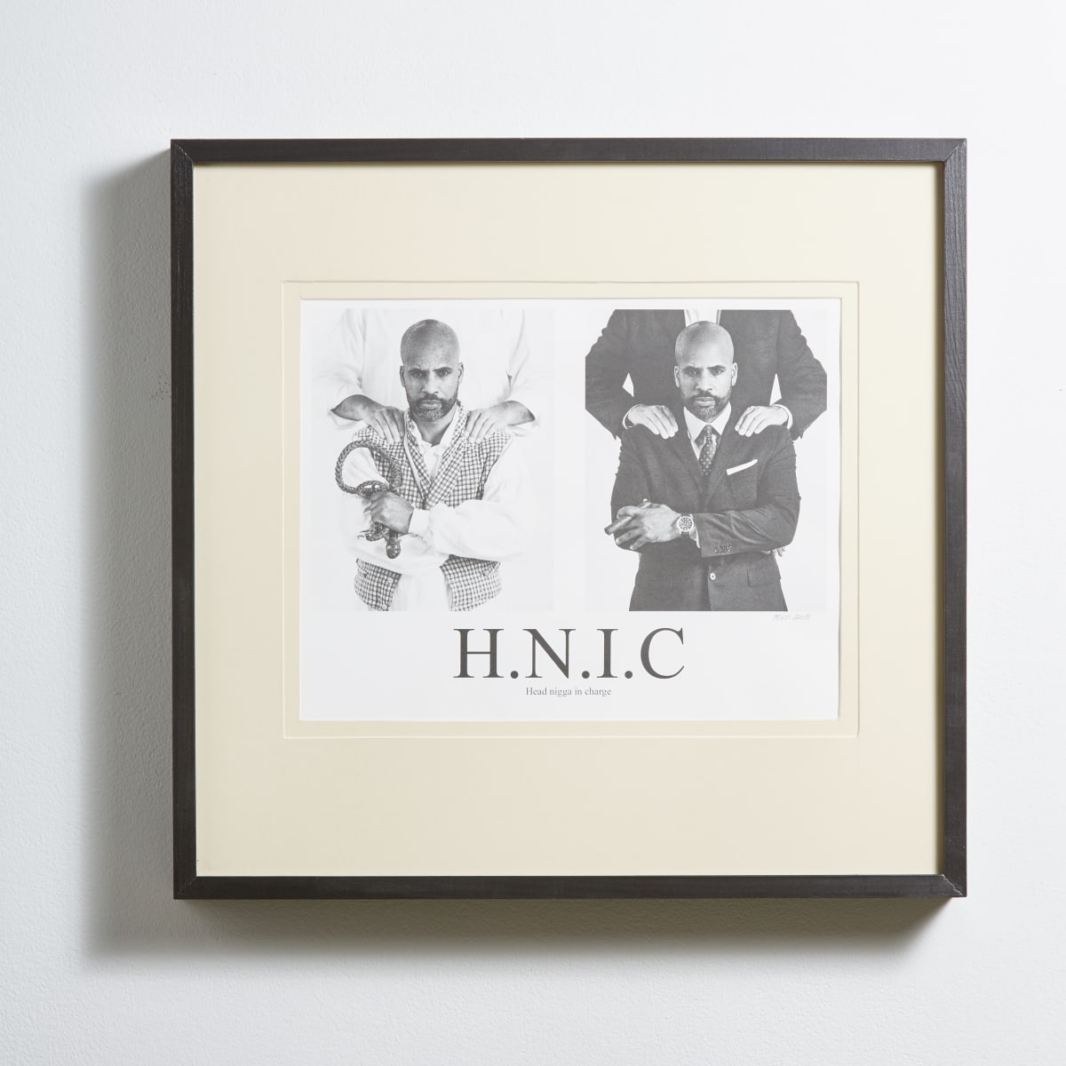 H.N.I.C. by MASUD  OLUFANI  Image: This pejorative term is used as a moniker for Black folk placed in nominal positions of power as token representatives while real dominion often resides exclusively within the hands of White men. 