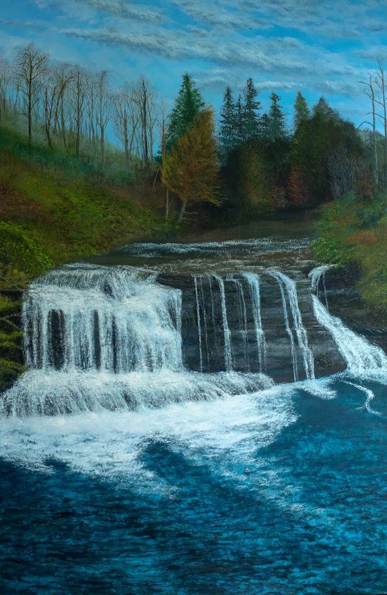 Pleasant Brook Falls by Michael W Field  Image: This painting is one of my larger paintings.  The dimensions are 48' in hieght by 32' wide. This is an oil painting done on masonite board.