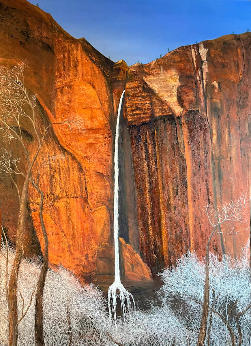 Day Trip by Michael W Field  Image: This is a waterfalls in Nevanda .  I just had to do a painting of this scene so majestic. This is a studio painting, the painting is 48 inches tall and 35 inches wide. 