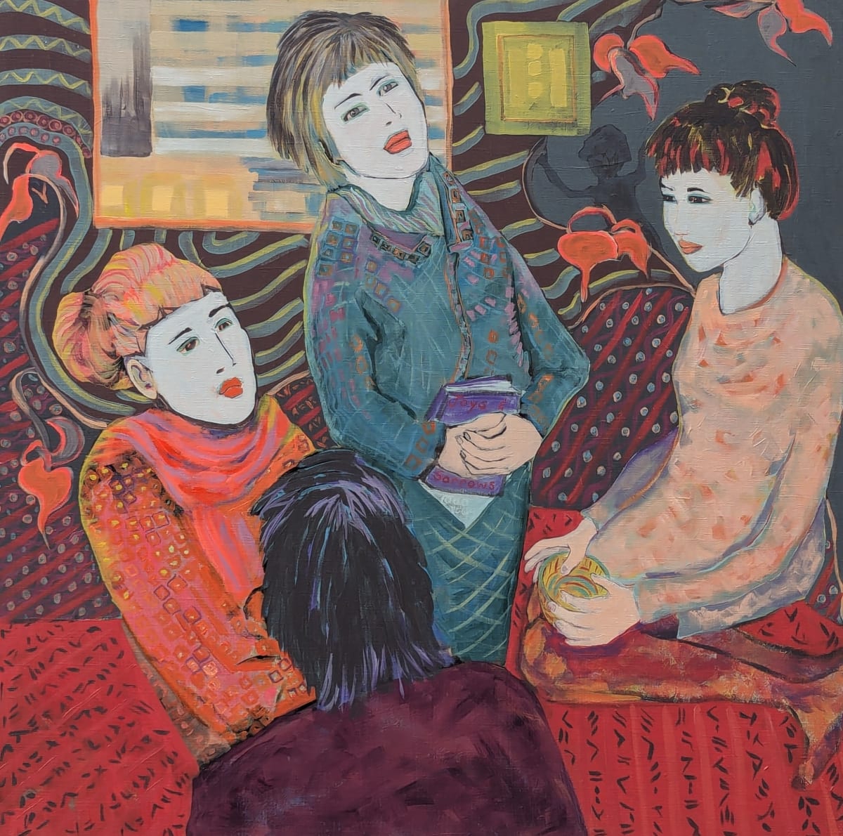 Flowers and Words I by Kenna Lee Barradell  Image: Four women with white faces listen to a woman talk about a book at a bookclub meeting.