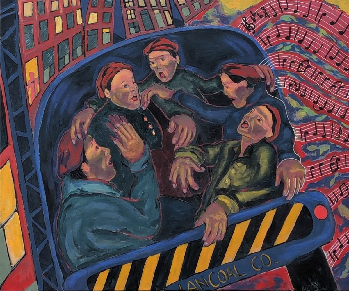 Joy of Song I by Kenna Lee Barradell  Image: A group of miners sing together in the back of an open truck.