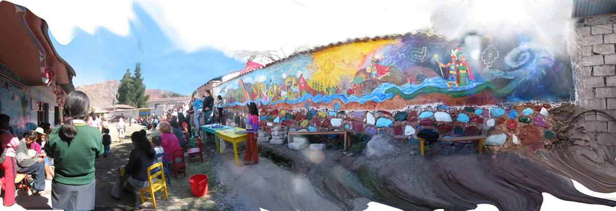 Creation of the World- Dedication at Palccaraqui Preschool, Peru by Laura-Leigh Palmer  Image: Photograph of the mural, school and library dedication in Palccaraqui, Peru 2006