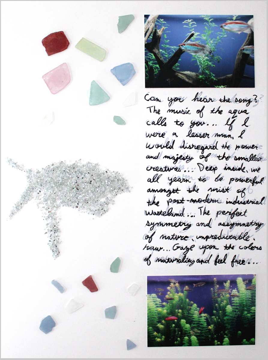 Wonders - Assemblage by Michael Athanasius Hanna  Image: Displayed in a silver aluminum frame. The assemblage incorporates crushed glass, photography, and creative writing into one cohesive work of art.  Additionally, the photography in the assemblage utilizes no Photoshop enhancement and is without digital alteration in order to present a documentary approach of a raw image.