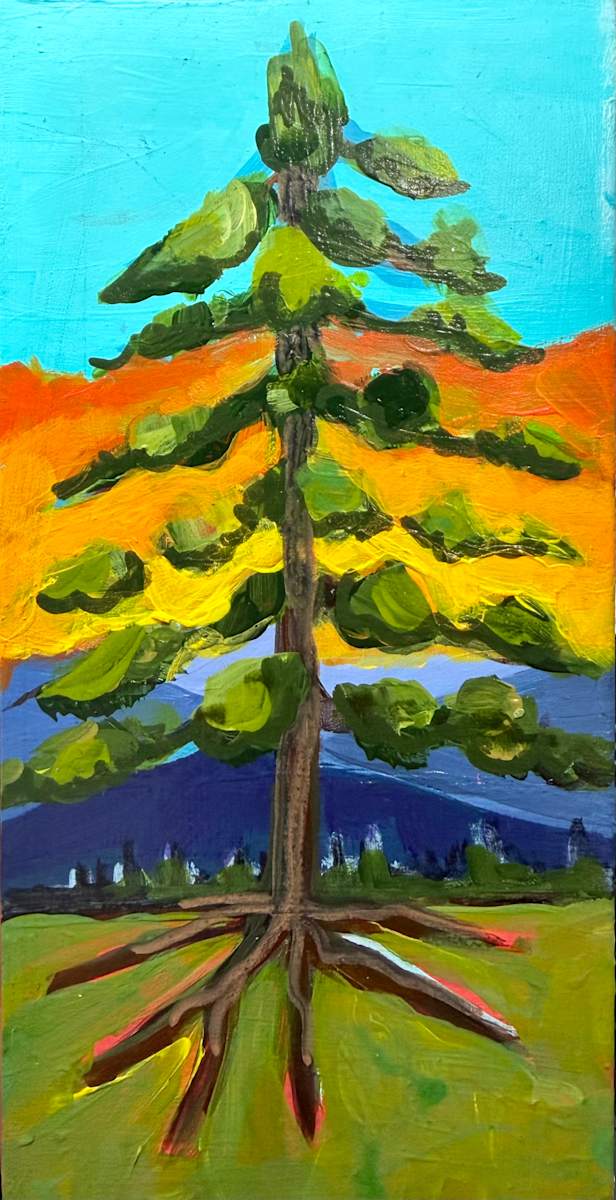 Loudly by Nara Montuy  Image: Pine tree in colorful background original painting.

