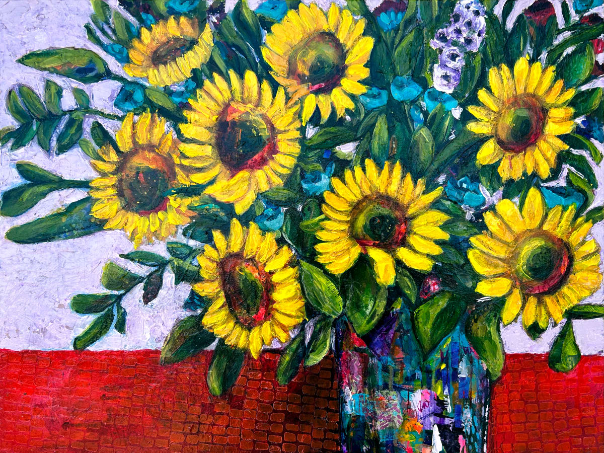Sunshine Blooming by Nara Montuy  Image: Sunshine Blooming Sunflowers art painting 