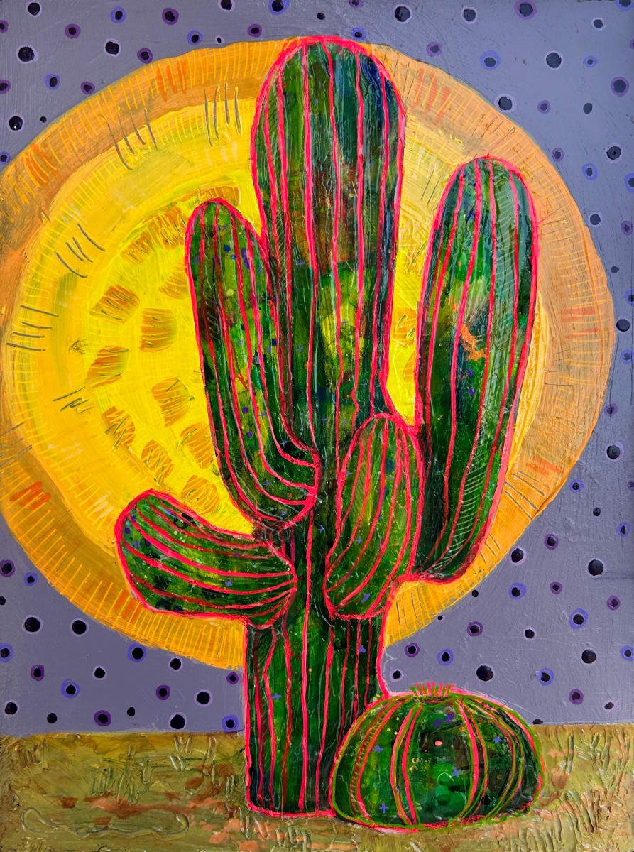Bright, Sunny and Prickly by Nara Montuy  Image: A vibrant green cactus stands front and center against a yellow sun-like circle with a textured purple background featuring small circles and dots. The cactus has red lines that follow its contours, adding to the image's bold and abstract style.