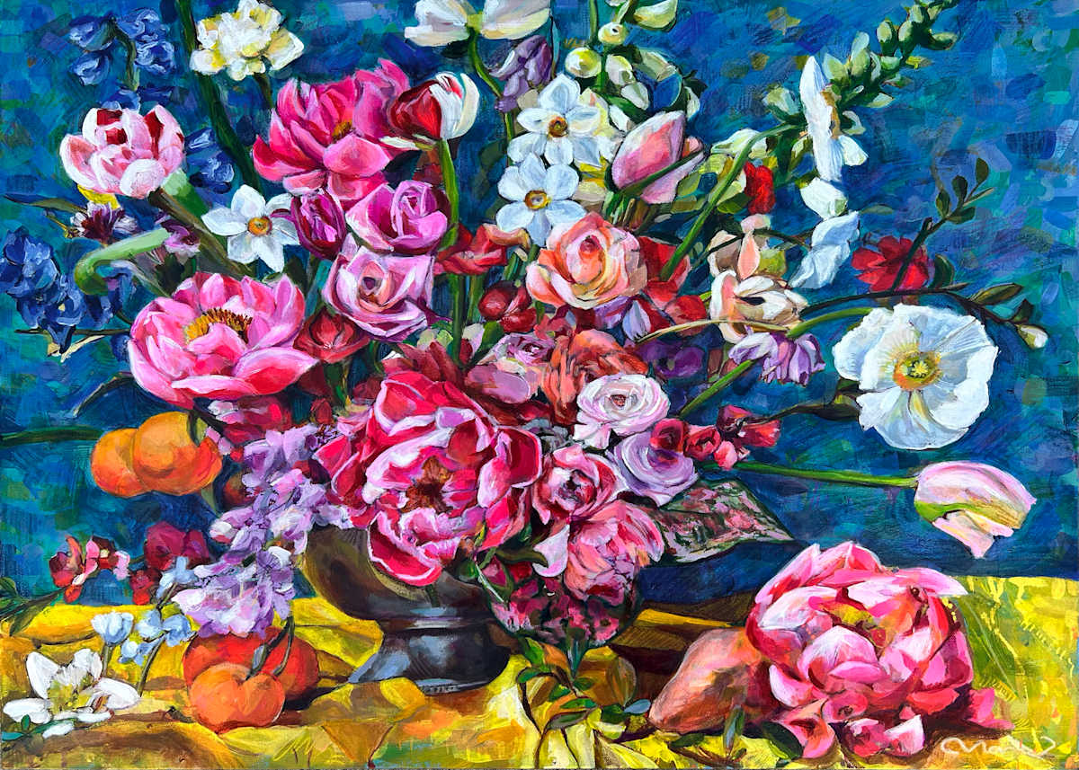 Abundance by Nara Montuy  Image: Peonies and tangerines floral original painting