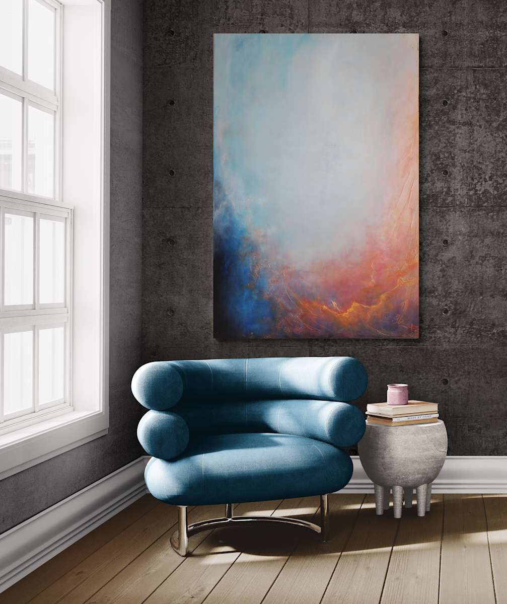 Diffuse III by Colleen Frances  Image: Intrigued by the light refracting through mist on a cool autumn morning, Diffuse III was painted to capture the atmospheric and ethereal glow juxterpositioned against bright sunlight light cutting through the soft mist.