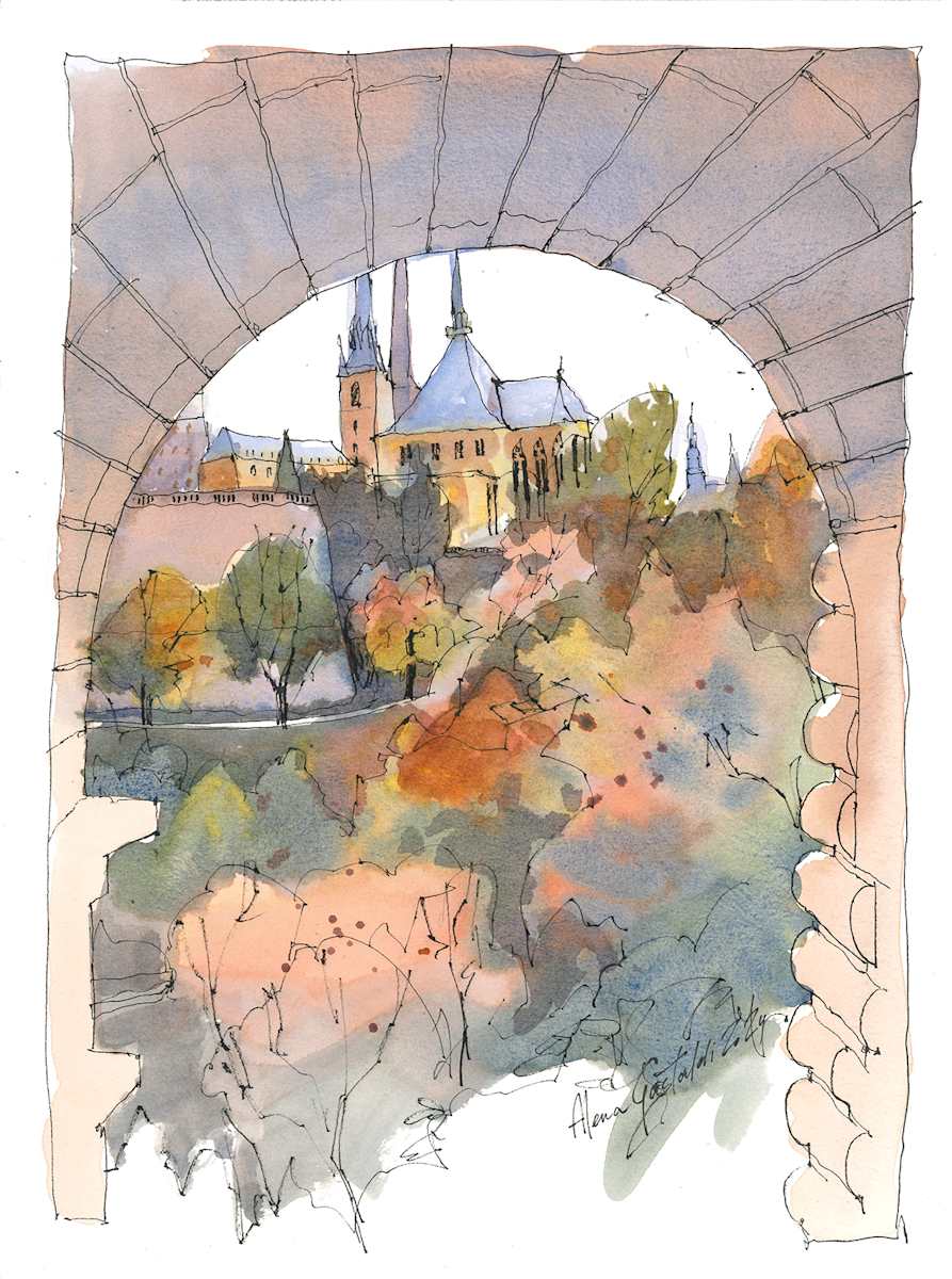 Luxembourg, Cathédrale Notre Dame from Pont Adolphe, 40x30 cm, watercolour & ink on paper by Alena Gastaldi, Image 1.