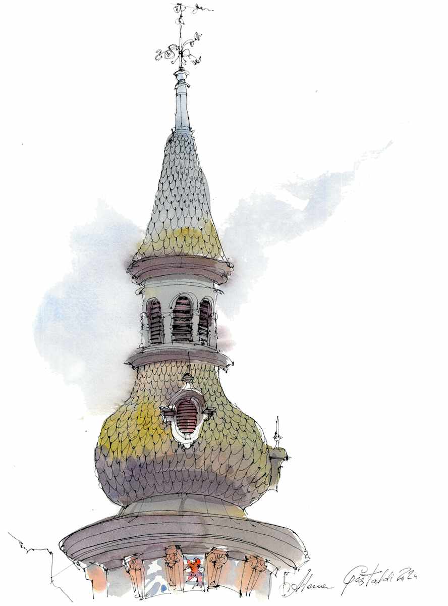 Green Tower (Luxembourg, rue du Marche aux Herbes), 40x30 cm, watercolour & ink on paper, unframed by Alena Gastaldi, Image 1.