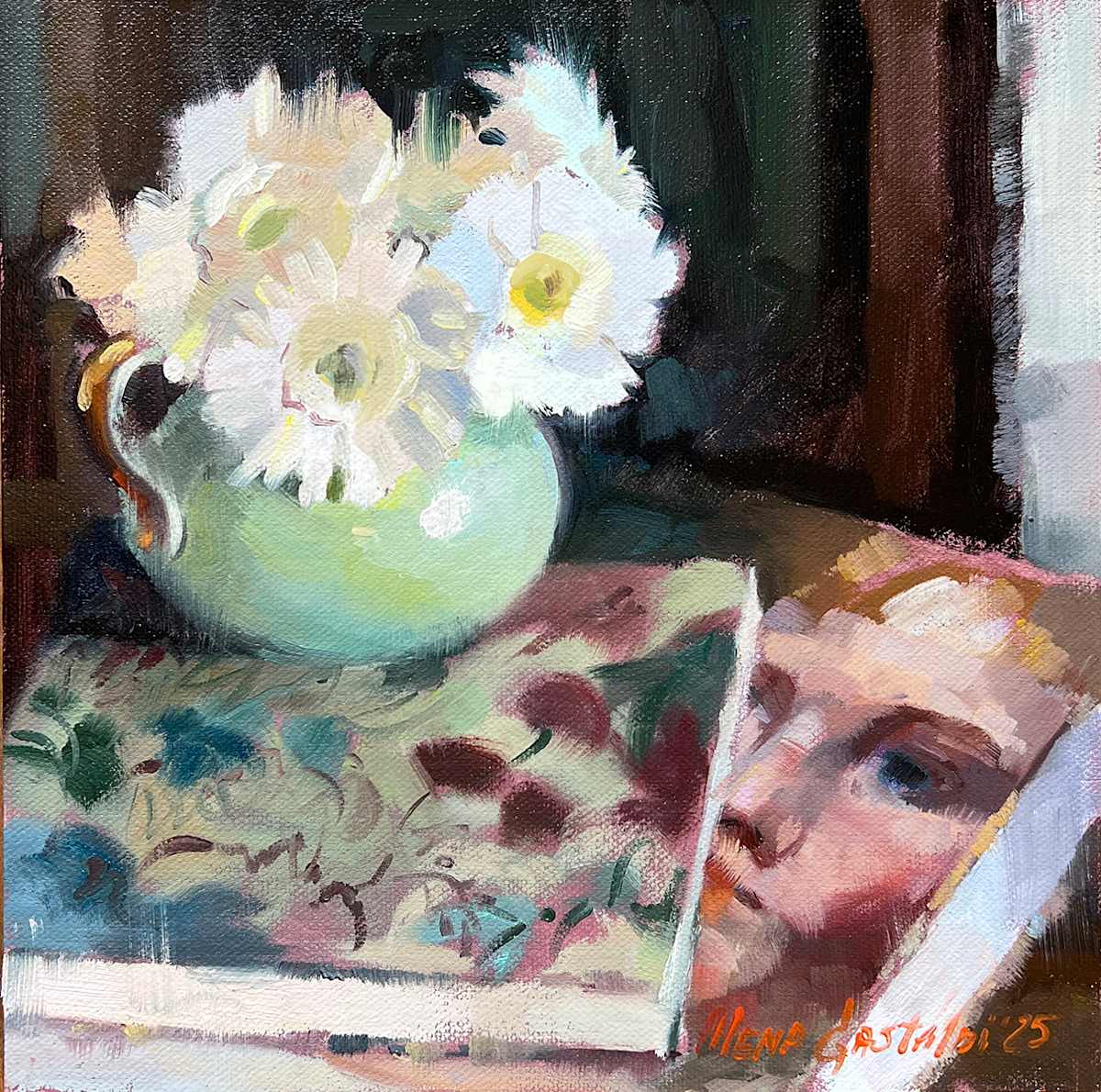 White gerberas in a mint vase by Alena Gastaldi 