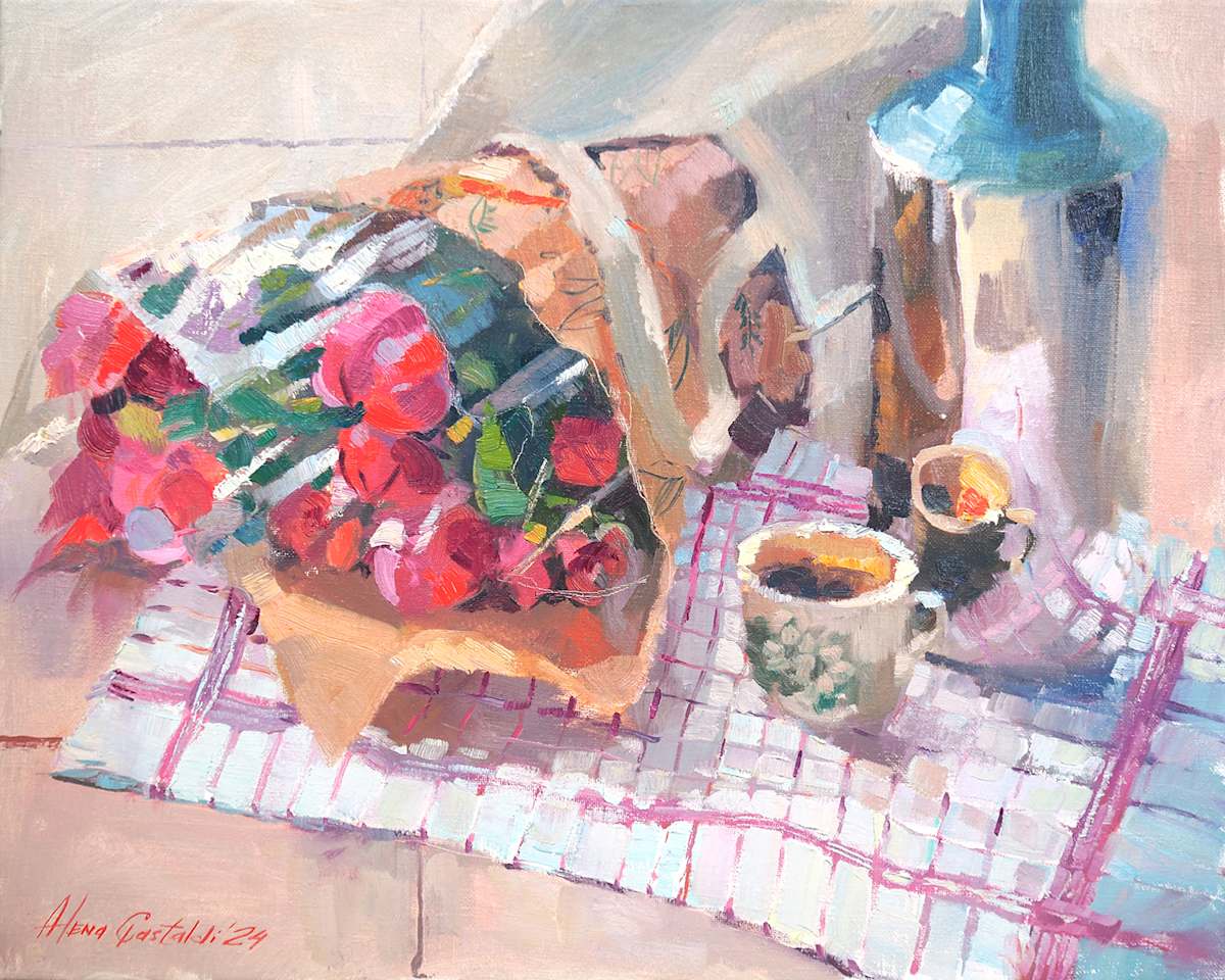 Peonies and coffee, oil on linen, 40x50 cm by Alena Gastaldi, Image 2.