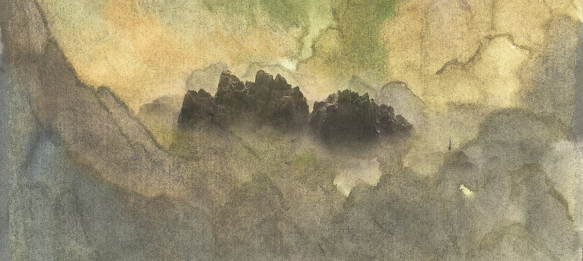 16.0 SECOND GROWTH/Sea Mountains by Keith Wilson  Image: 16.03 SECOND GROWTH /Ocean Mountains Scale changes combined with a saturated watercolor of complex biomorphic shapes creates a mythical, magical floating panoramic landscape that appears enchanted and ethereal. The watercolor featured in this composition was awarded 1st place in the Gualala Arts Juried May Show 2010.