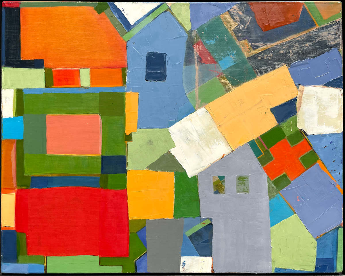 HOUSE + GARDENS by Keith Wilson  Image: I find buildings (interior/exterior/environment) to be ultimately very abstract although they are the essence of reality that we interact with constantly.  Maintaining multiple images simultaneously of the interior, plan, exterior site/garden in my mind leads to chaos/clarity of navigation and enrichment of human habitation. This is an attempt to document this phenomenon in a painting.