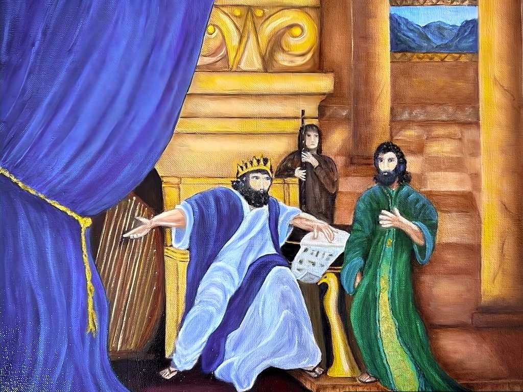 DAVIDIC COVENANT by Peggy Teague  Image: King David instructing his son, Solomon, to build God His House.