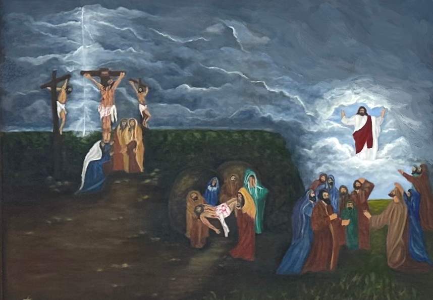 The Gospel of Jesus Christ by Peggy Teague  Image: Jesus, the Messiah, was crucified, buried, and rose again ascending to Heaven and now sits on the right hand of the Father.