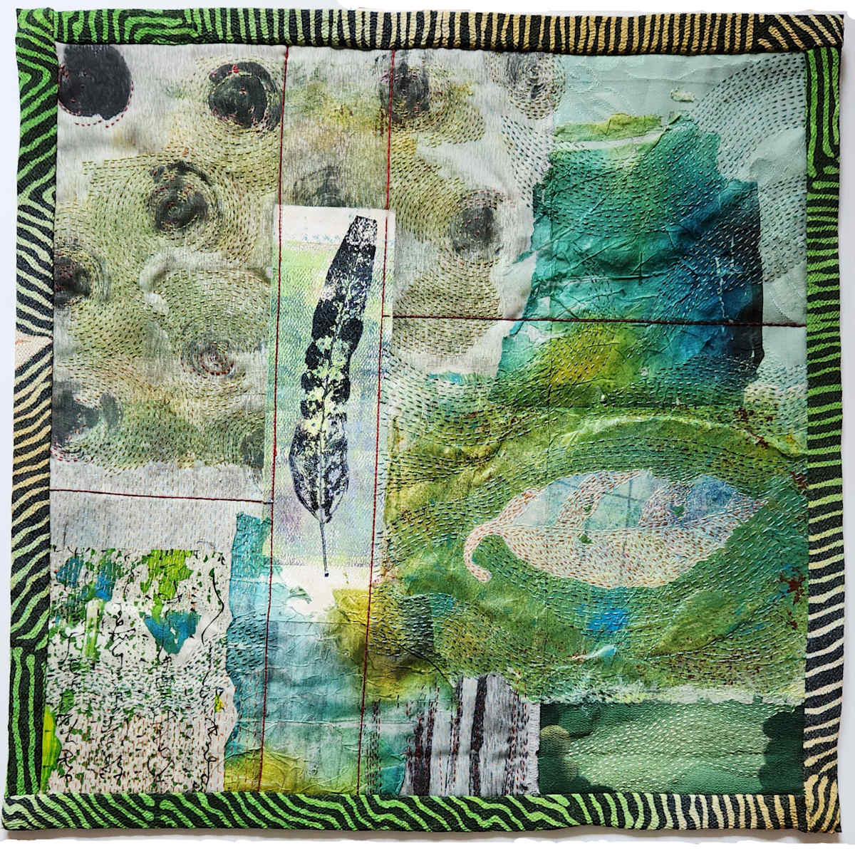 Sister Cities by Julie-Anne Rogers  Image: Gosford (my home town) and Edogawa, in Japan, are sister cities. Edogawa has given Gosford the most beautiful Japanese Gardens at our local art gallery. Recently I was invited to create a piece using vintage kimono fabric and that of my own. I chose to represent the close ties between our cities and the beauty of the garden.