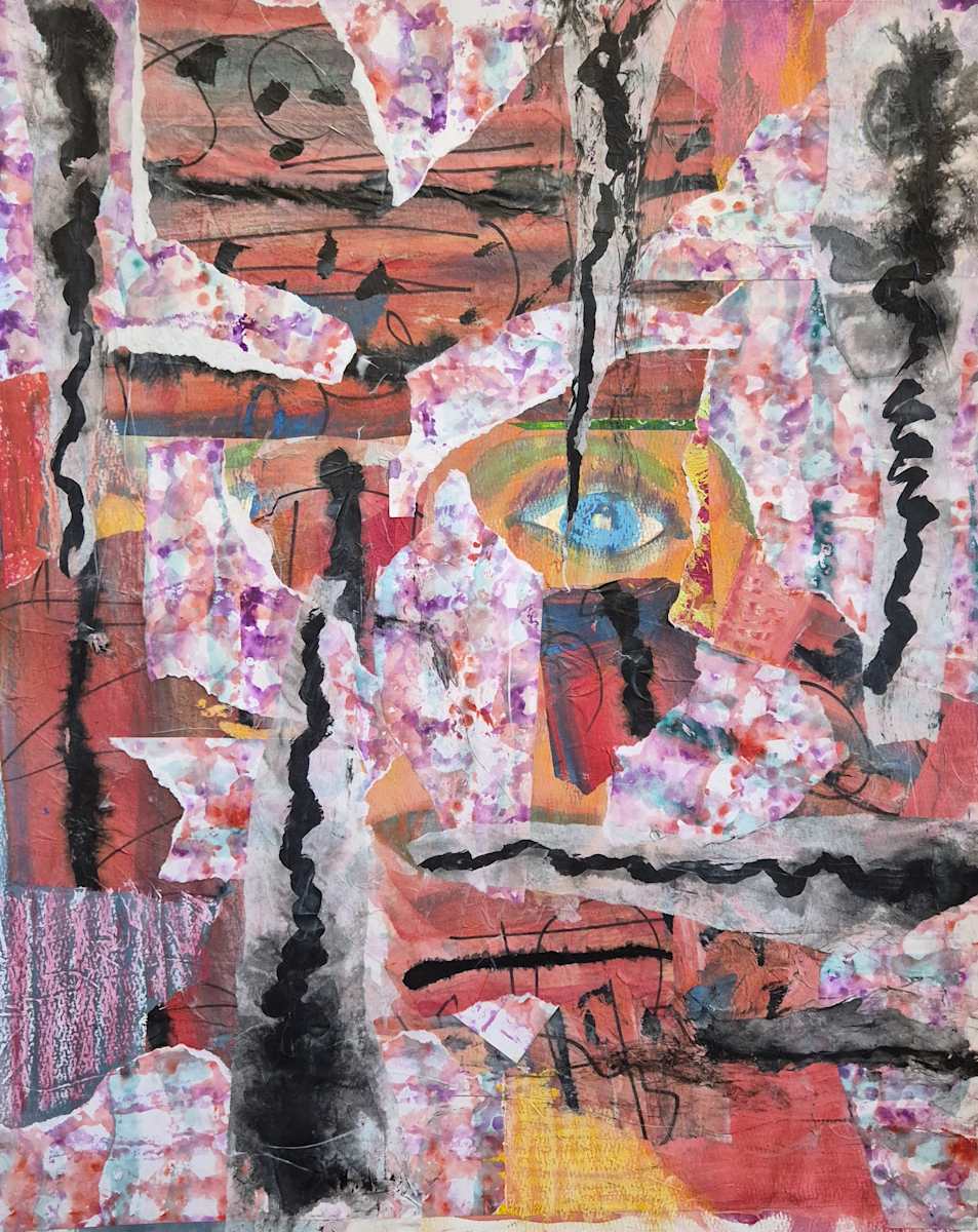 Looking From Behind the Mayhem by J. Patrick Bowman  Image: 20"x16" Original Collage Art Matted to 24"x20"