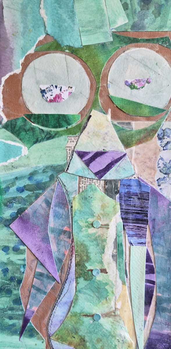 Suave Old Bird by J. Patrick Bowman  Image: 12"x6" Mixed-media Collage on Cradled Wood Panel