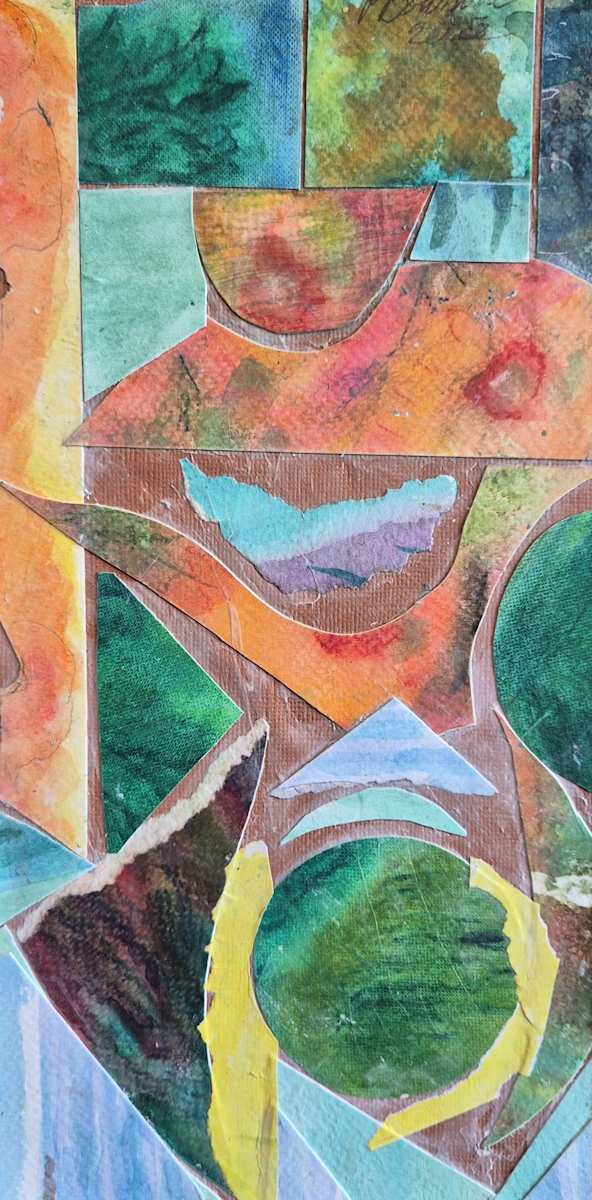 Figure in Motion by J. Patrick Bowman  Image: Mixed-media Collage on Cradled Wood Panel