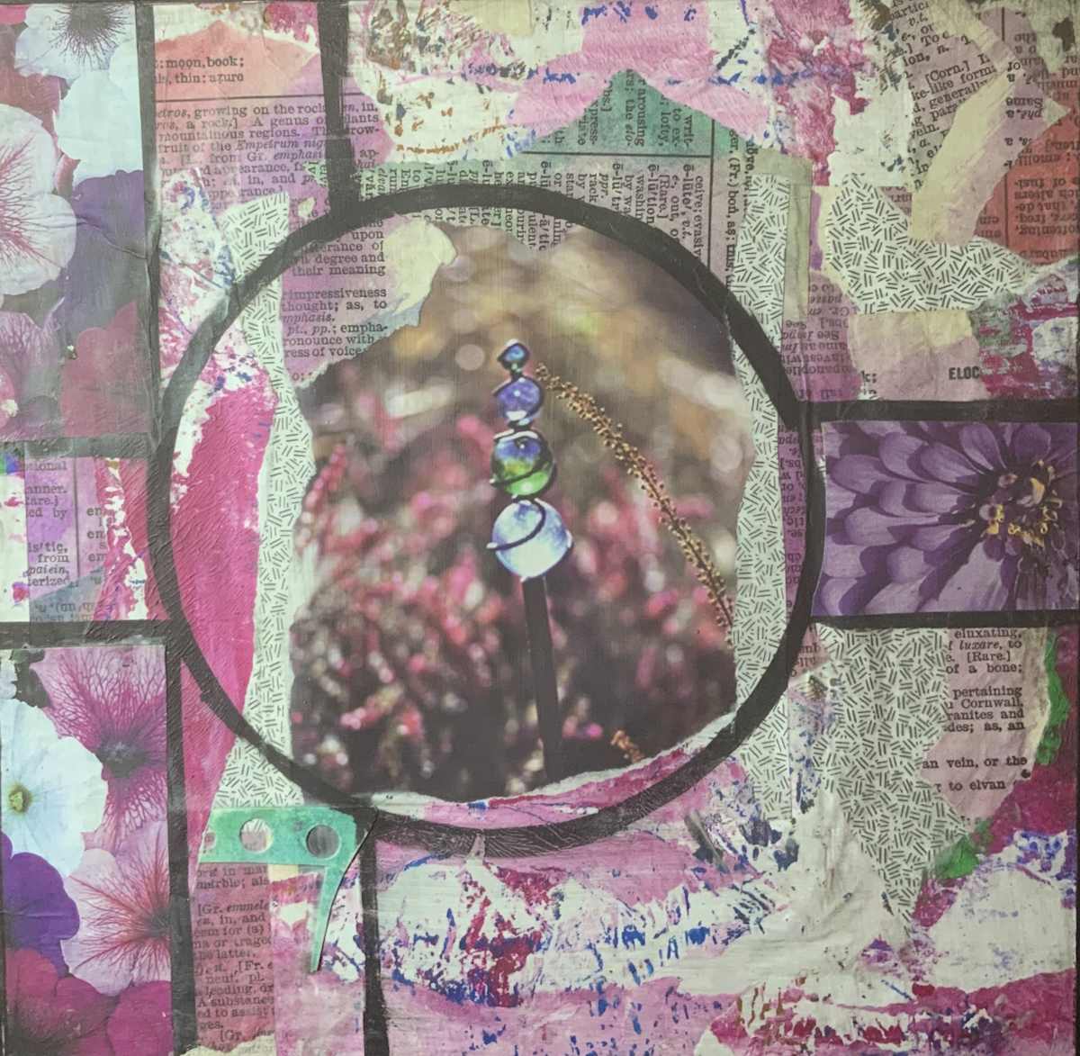 Garden Glory by J. Patrick Bowman  Image: Mixed-media Collage on Cradled Wood Panel