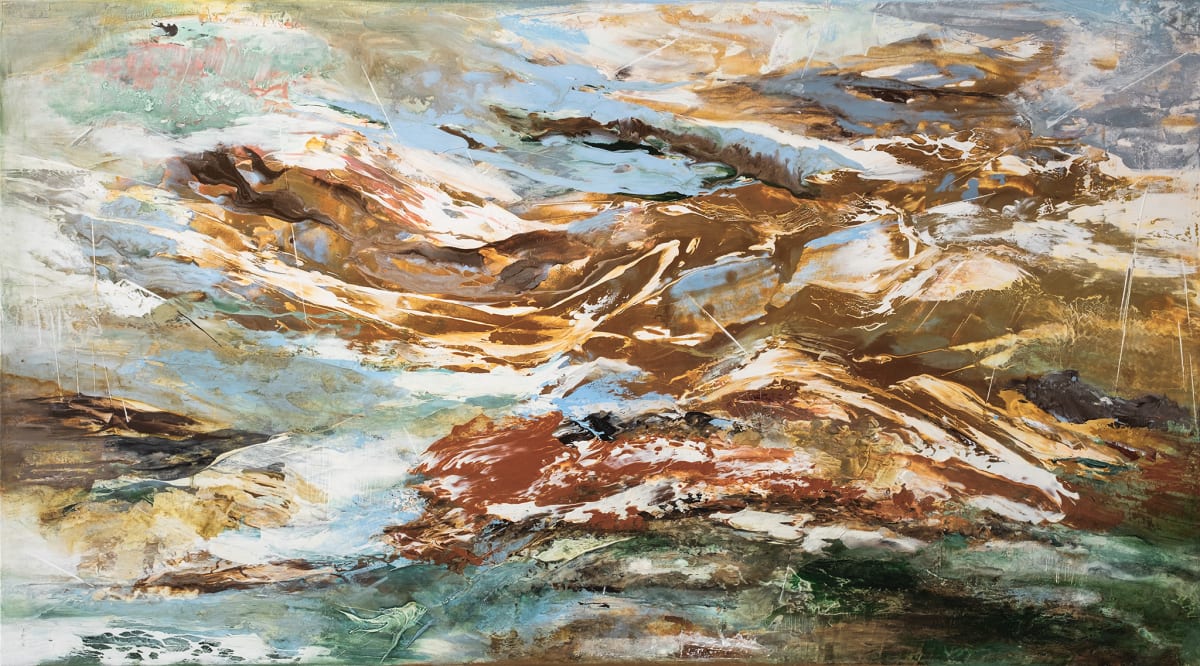 Cento Valli by Vasiliki Furian  Image: Eine visuelle Reise durch die Schönheit und Vielfalt des Centovalli Tals mit seiner Enge, vielen Wasserquellen, dunkelgrünen Hügeln, durchzogen von schmalen Wegen und Pfaden. Helle, weisse Flächen blitzen überall auf und symbolisieren das Sonnenlicht, das die dramatische Geologie des Tales betonen.