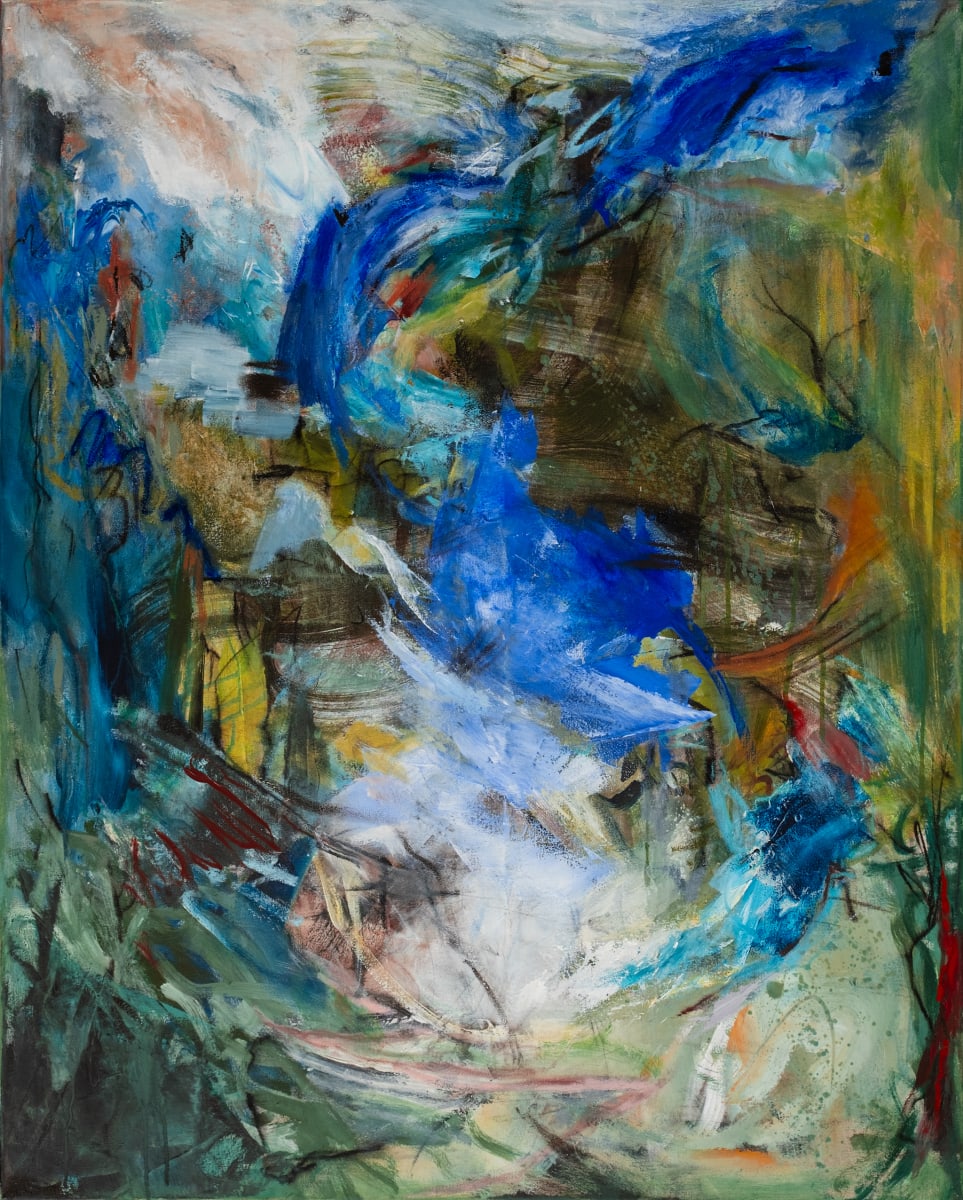 Centovalli III by Vasiliki Furian  Image: Die Schönheit der Centovalli in der Schweiz abstrakt wiedergegeben. Lebhafte Farben wie Grün Blau und Braun werden verwendet, um die malerische Landschaft mit ihren bewaldeten Hängen, sanften Hügeln und klaren Bächen darzustellen. Die Sattheit der Farben Blau, Grün und Braun zeigen auch eine gewisse Rauheit und die Dynamik des Wetters der Centovalli Landschaft.