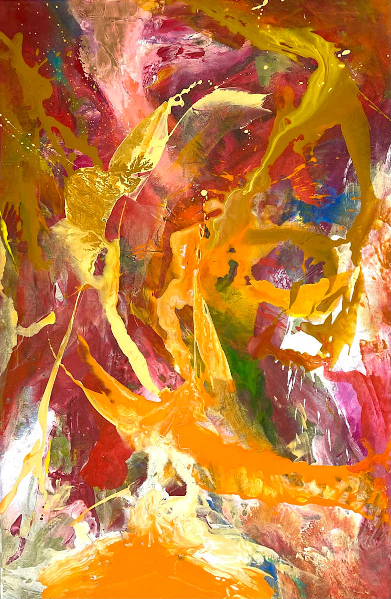 Tell Me More by Vasiliki Furian  Image: Intensives Rot und Orange mit Goldgelb, die Farben sind in Bewegung und erzeugen ein Gefühl von Energie. Ein flüssiges und engagiertes Gespräch unter Gleichgesinnten.