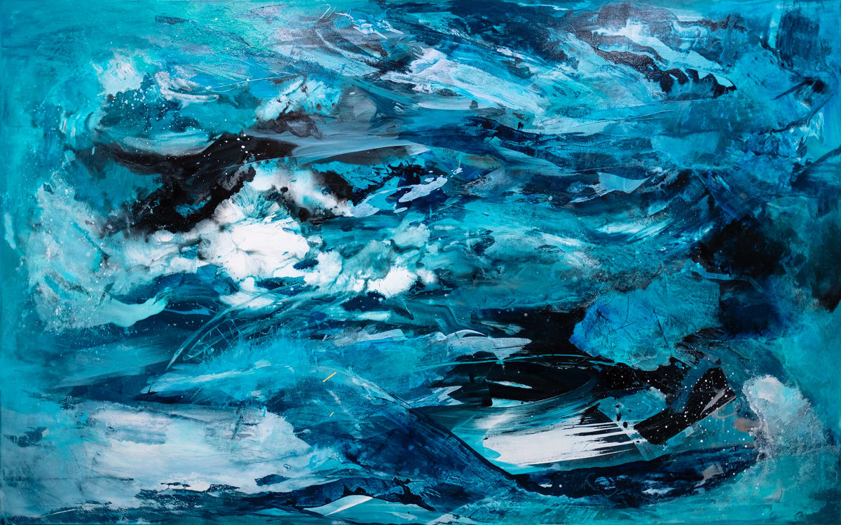Wave Tango by Vasiliki Furian  Image: Wave Tango entführt den Betrachter in die Welt des Wassers. Preussischblau dominiert eine Vielzahl von Blautönen, die die Tiefe des Ozeans und die Dynamik von Wellen einfangen. Die Akzente in helleren Blautönen zeigen die Schönheit und Vielfalt des Wassers widerspiegelt. Ein kraftvolles und atmosphärisches Werk.