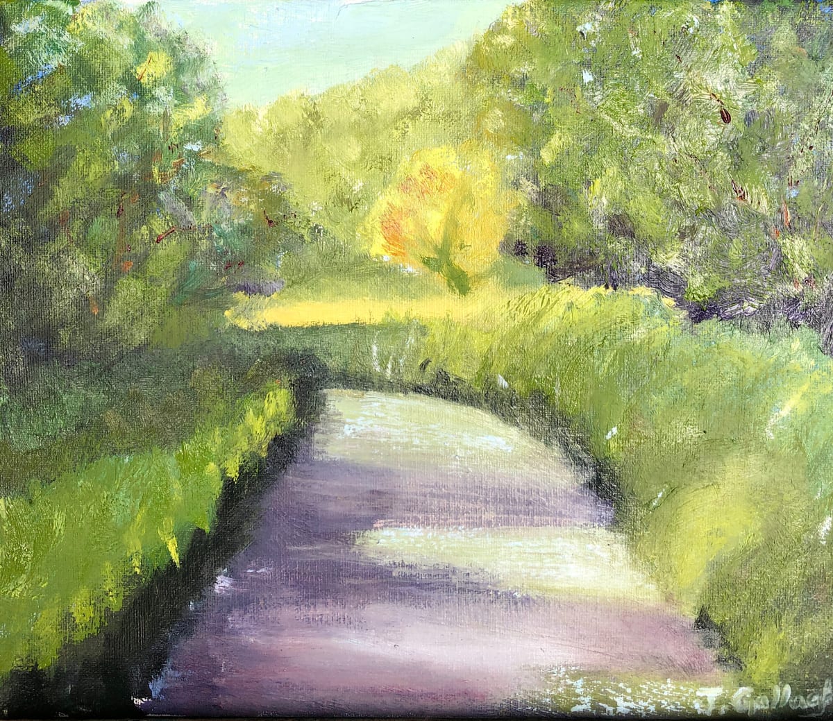 Sunny Road by Janet Gallagher  Image: This is a painting from a photograph showing a quiet road surrounded by trees, leading to an open field. 