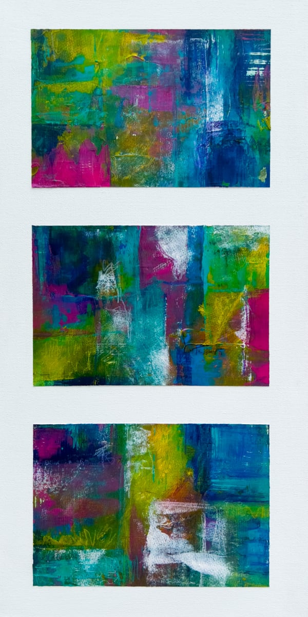 Celebration by Terri Sierra  Image: "Celebration" is a vibrant, multi-colored original abstract painting, measuring 12×24″. Created with acrylic and pastel on canvas, it features a palette of pinks, greens, blues, white, and yellow, in three panels, all framed by a white border.