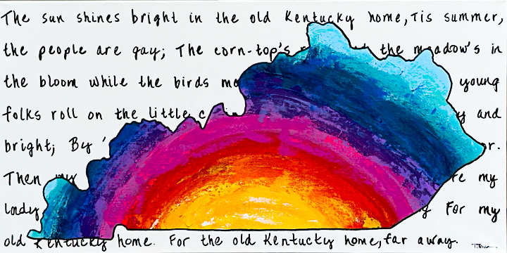 My Old Kentucky Home White by Terri Sierra  Image: My Old Kentucky Home white background with black lyrics and a sunset within the Kentucky state 