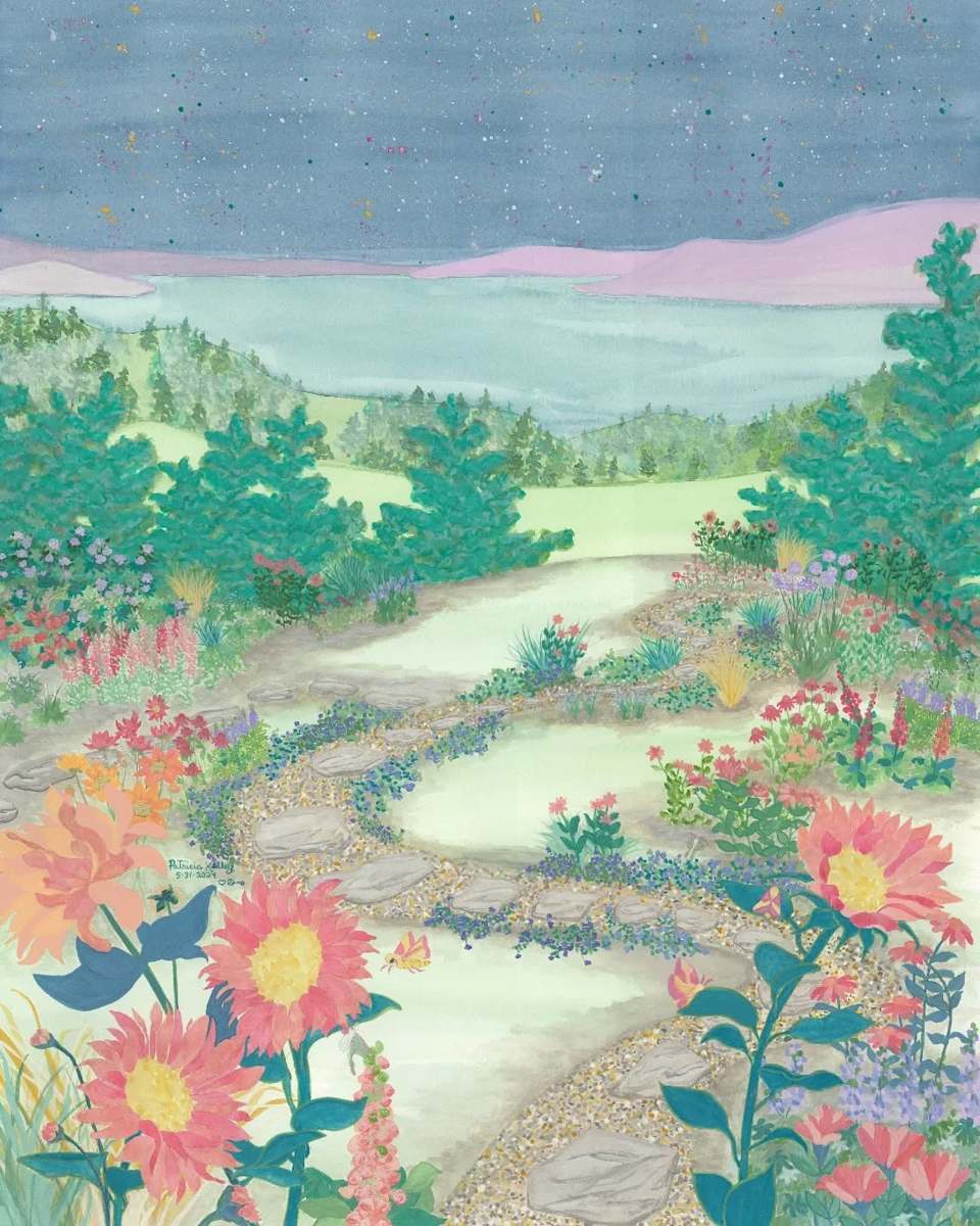 Indigo Sky by Patricia A Kelley  Image: Patricia Kelley, Indigo Sky, 2024, Watercolor, 18 x 24,  Artist's Home, A walk thru a perennial  garden at night under a dreamy sky!