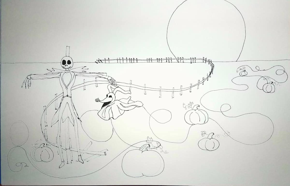 Halloween Sketch by Patricia A Kelley  Image: Patricia Kelley, Halloween Sketch, 2017, Marker on Paper, 16 x 20, Private residence, Created for my student who was taking a watercolor class.  Inspired by the "Nightmare Before Christmas"  movie! 