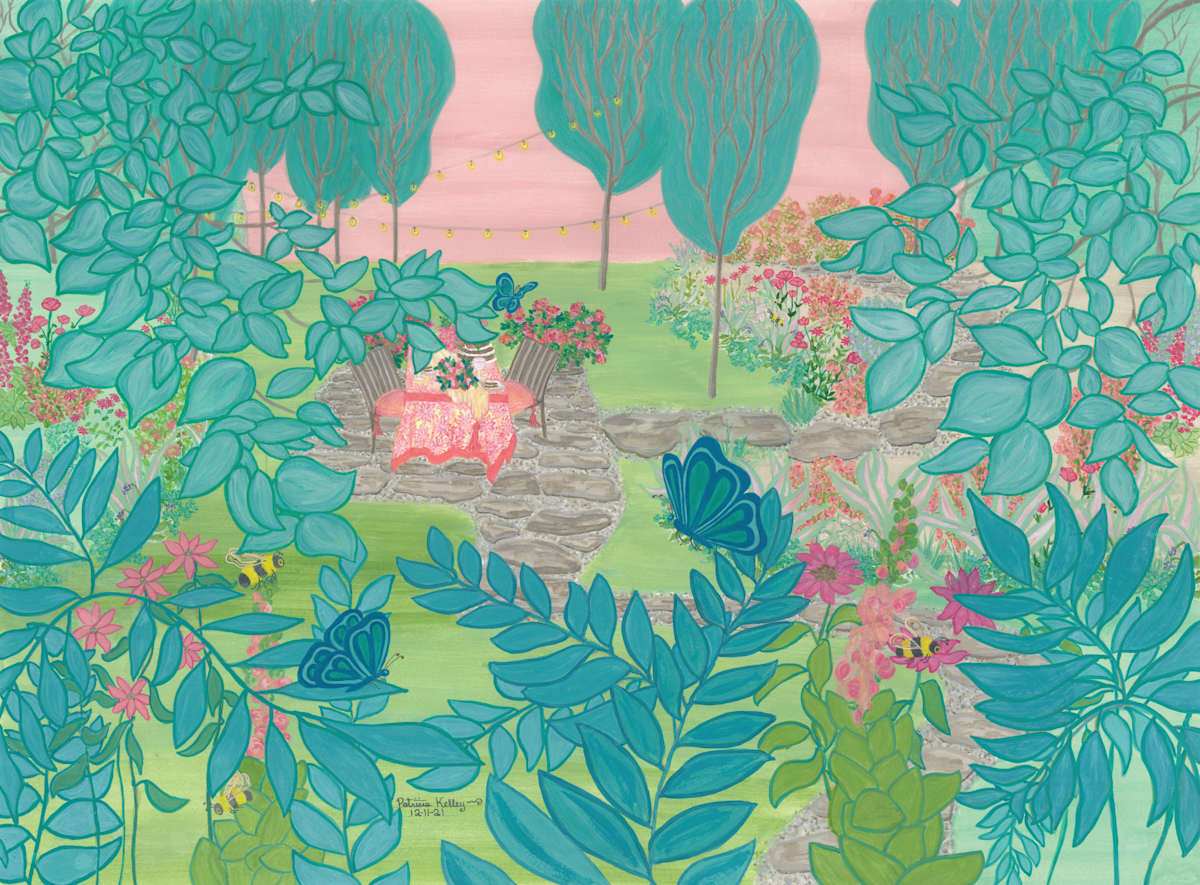 Secret Garden by Patricia A Kelley  Image: Patricia Kelley, Secret Garden, 2021, Watercolor, 18 x 24, Artist's Home, I wanted to create a garden that I would love to take a walk thru!