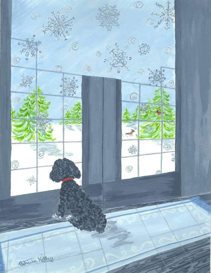 Snowflakes by Patricia A Kelley  Image: Patricia Kelley, Snowflakes, 10-24-10, Watercolor, 11 x 14, Artist's Home, Painting inspired by our lovable dog Lilly, One of her favorite things was looking out the French doors, into the yard!