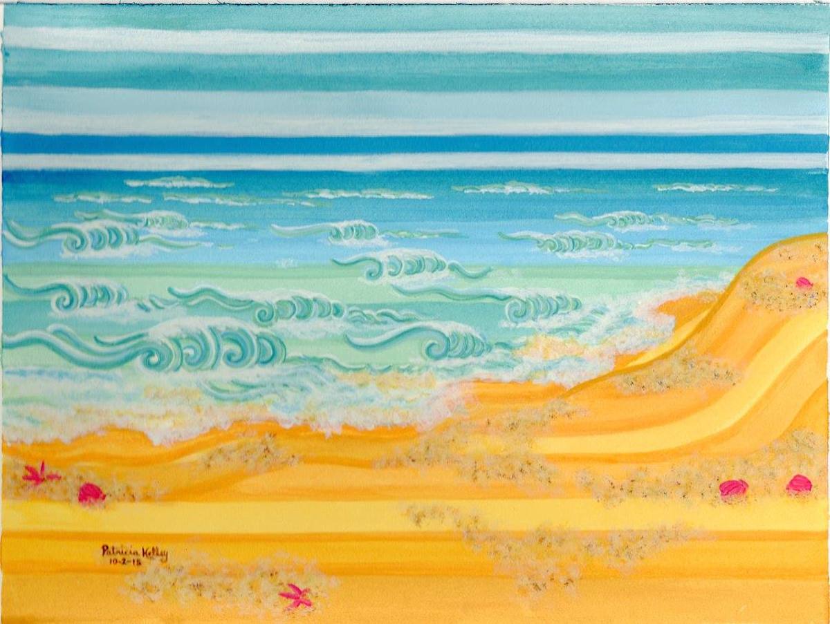 Striped Beach by Patricia A Kelley  Image: Patricia Kelley, Striped Beach, 10~2~2015, Watercolor, 11 x 14, Artist's Home, I wanted to revisit the beach theme. Living on Long Island, the oceans are so beautiful. This beach scene is in a graphic style.